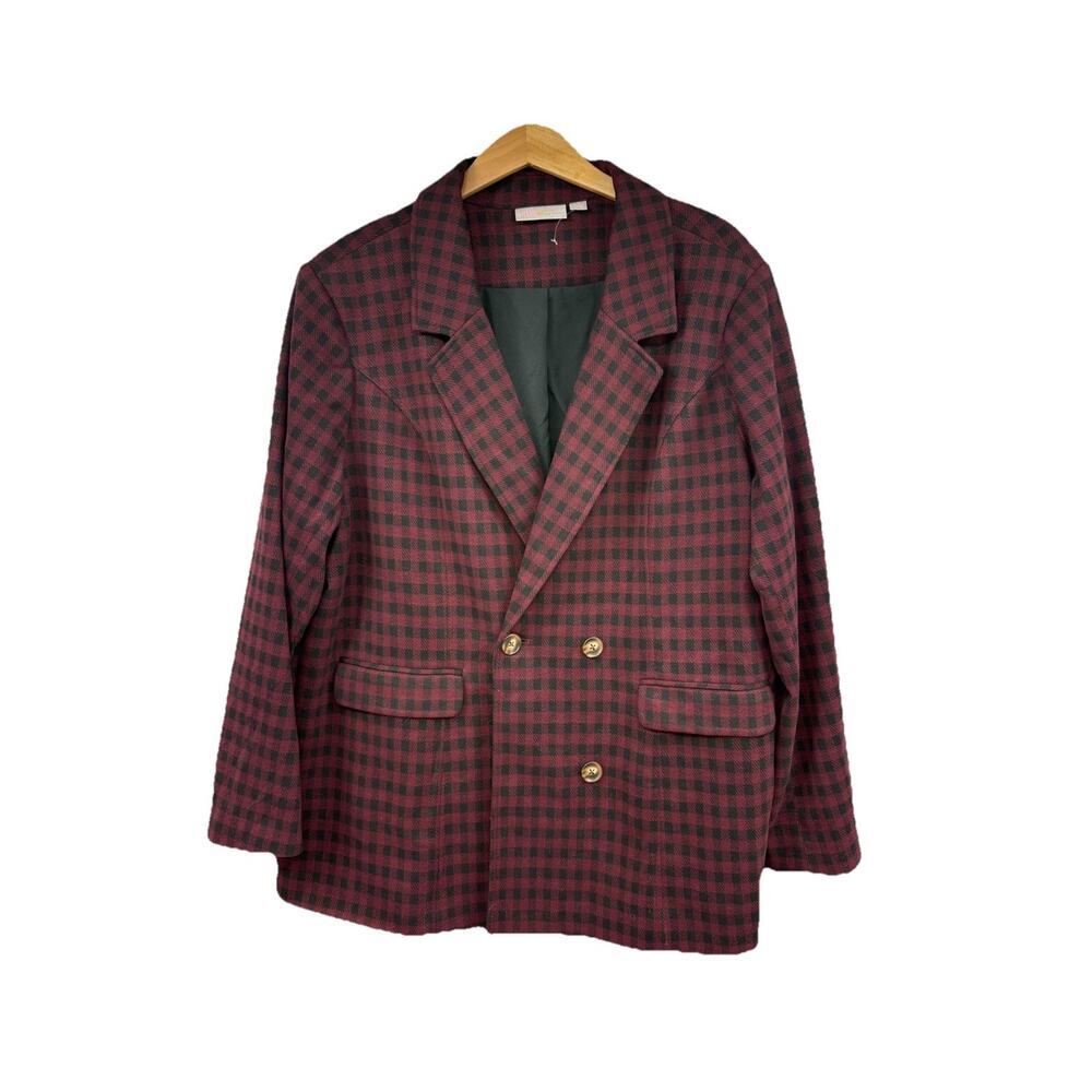 Belle By Kim Gravel Burgundy Black‎ Buffalo Plaid Oversized Blazer Womens 1XL